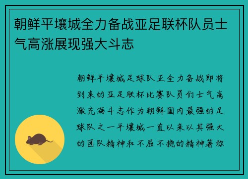 朝鲜平壤城全力备战亚足联杯队员士气高涨展现强大斗志