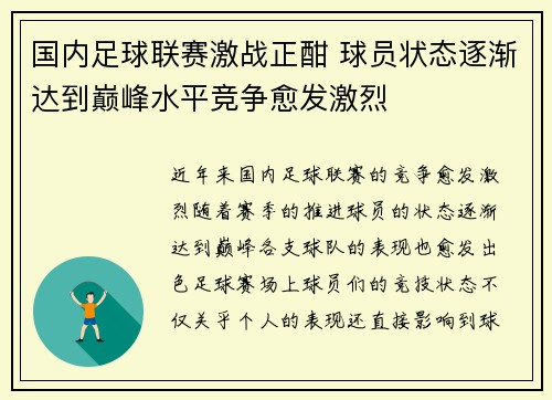 国内足球联赛激战正酣 球员状态逐渐达到巅峰水平竞争愈发激烈