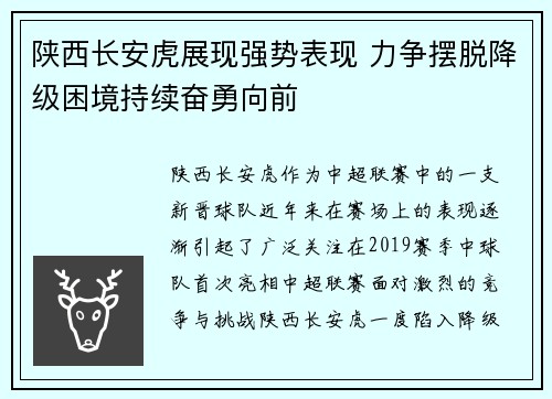 陕西长安虎展现强势表现 力争摆脱降级困境持续奋勇向前