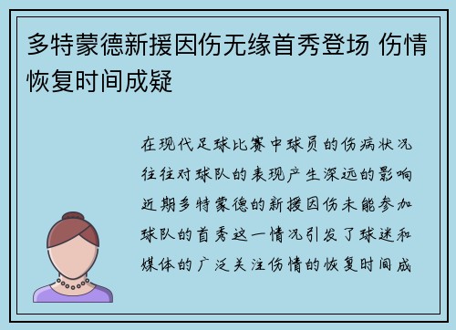 多特蒙德新援因伤无缘首秀登场 伤情恢复时间成疑