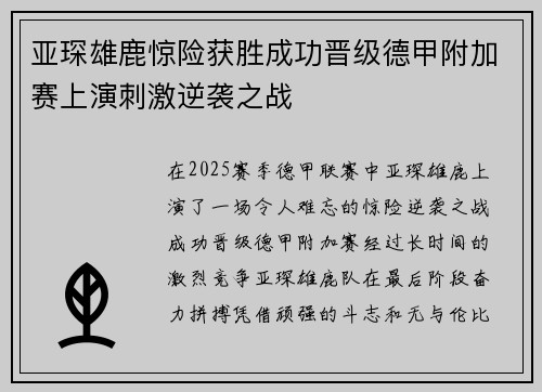 亚琛雄鹿惊险获胜成功晋级德甲附加赛上演刺激逆袭之战